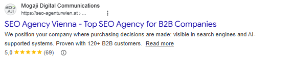 Google-Suchergebnis von Mogaji Digital Communications für „SEO Agency Vienna“ mit Titel, Beschreibung und 5-Sterne-Bewertung