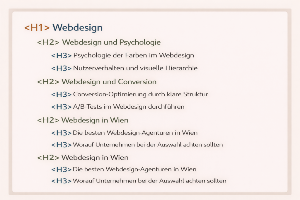 Infografik zur Struktur von H1, H2 und H3 Überschriften am Beispiel Webdesign
