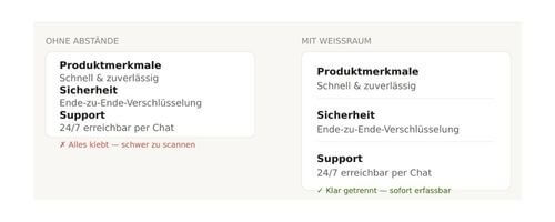Vergleichsbild _ Ein Text ohne Abstand und ein anderer mit Abstand