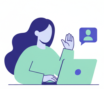 Illustration einer Designerin, die am Laptop arbeitet und Designvorschläge erstellt.