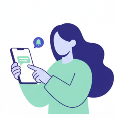 Illustration einer Person, die auf ihr Smartphone schaut und sich über eine Benachrichtigung oder den Gewinner freut.
