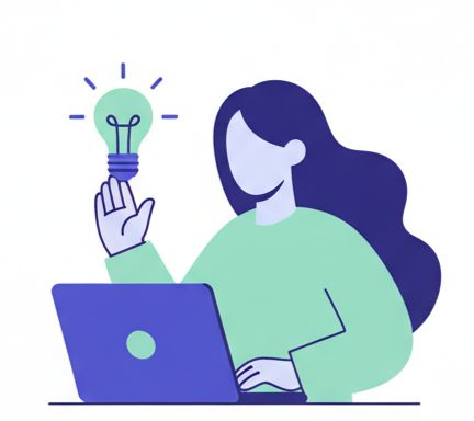 Illustration einer Person am Laptop mit einer Glühbirne darüber, die eine neue Designidee entwickelt.