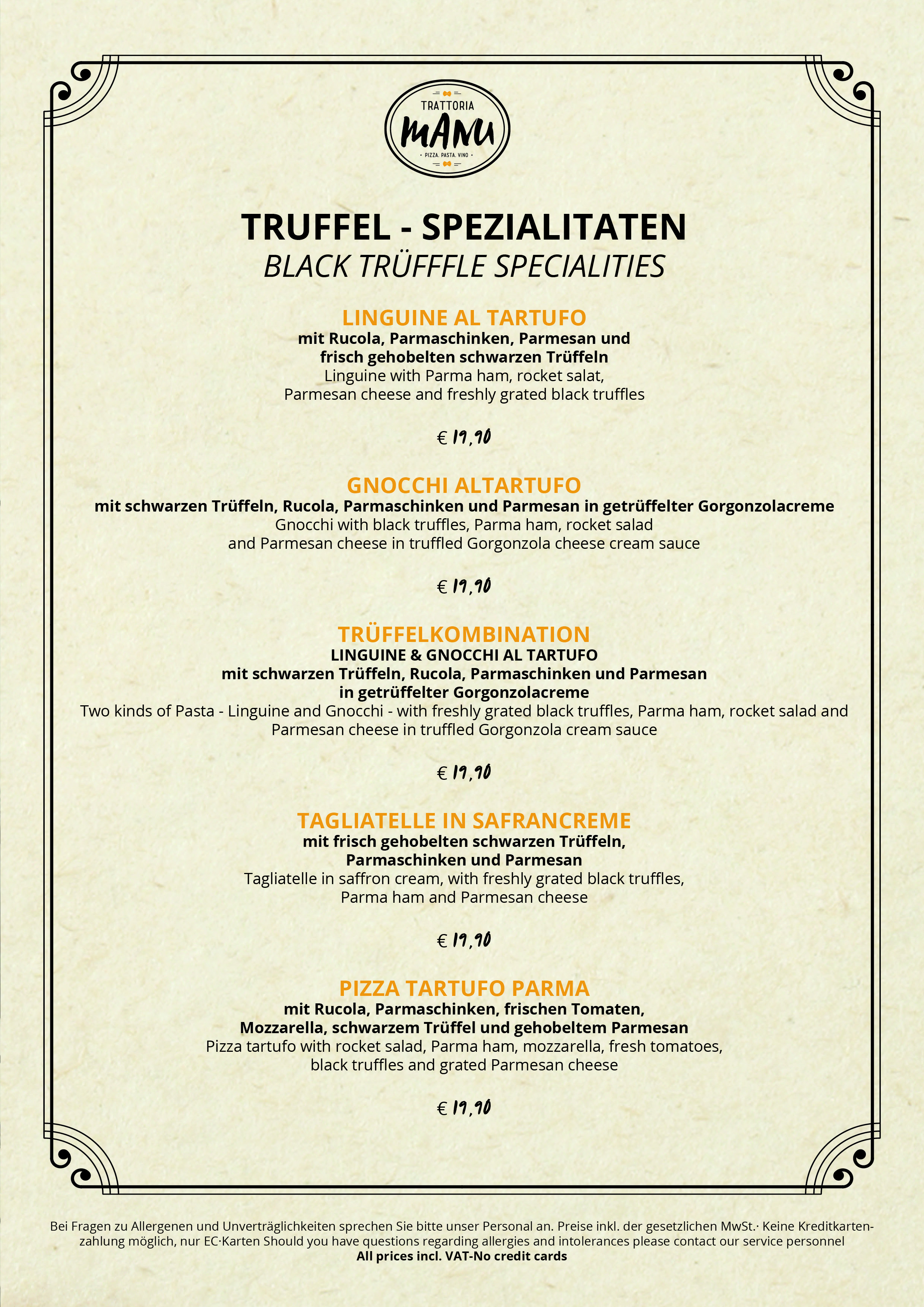 Speisekarten-Design für Trattoria