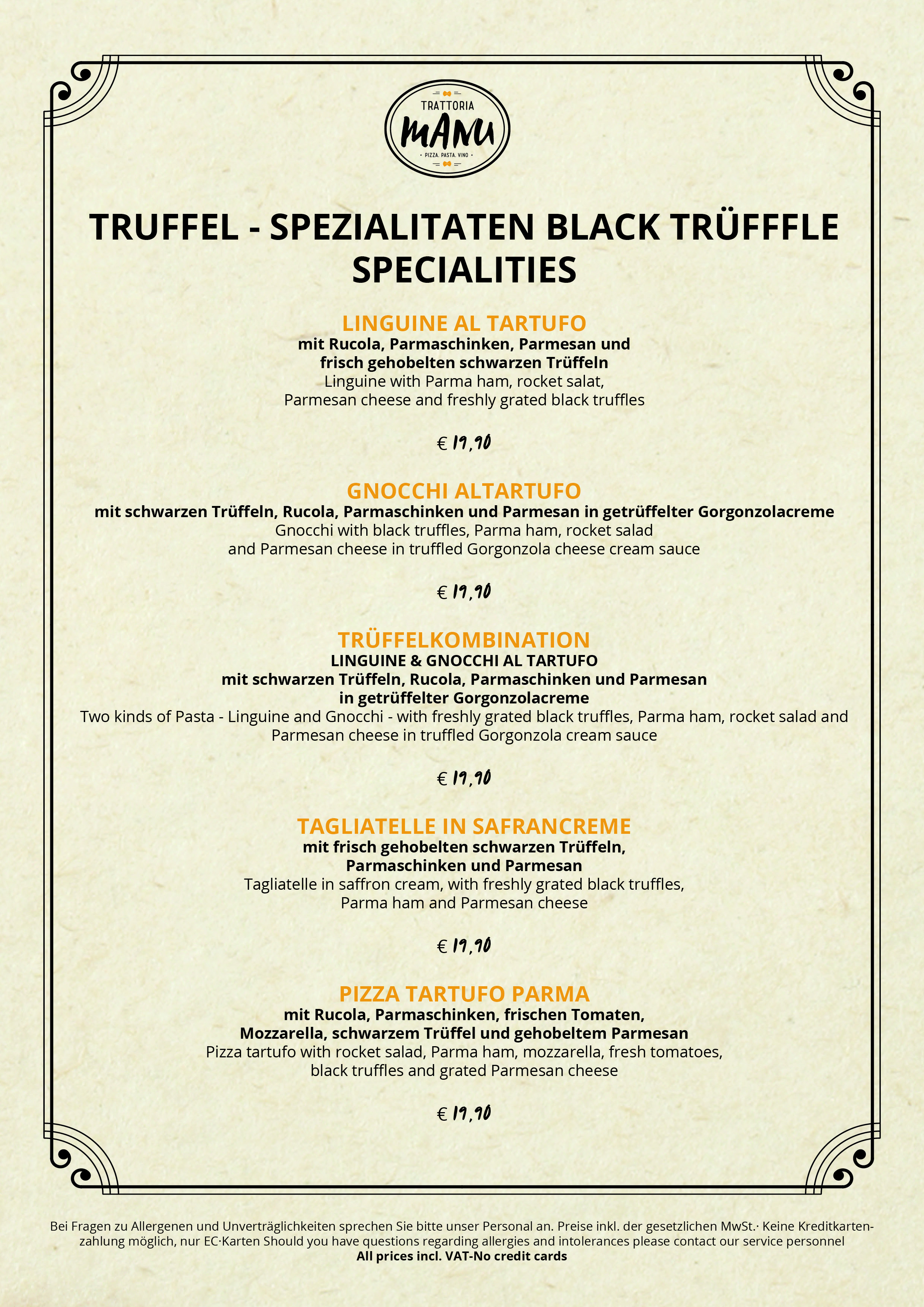 Speisekarten-Design für Trattoria