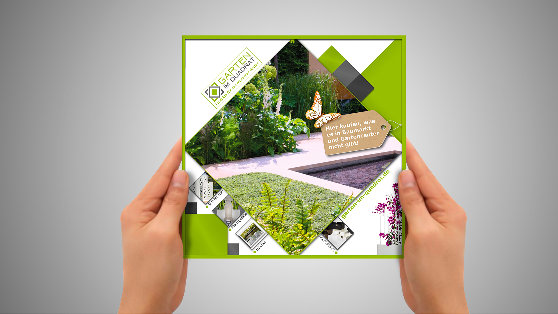 Flyer für Online-Shop mit modernen Gartenprodukten - puristisch und hochwertig