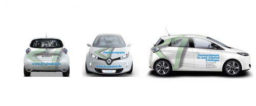 Fahrzeugbeschriftung für Renault ZOE Elektro Praxis Dr. Schwind & Kollegen