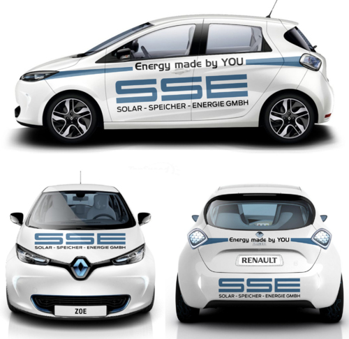 Renault Zoe in weiß Fahrzeugbeschriftung für Installation von Solar