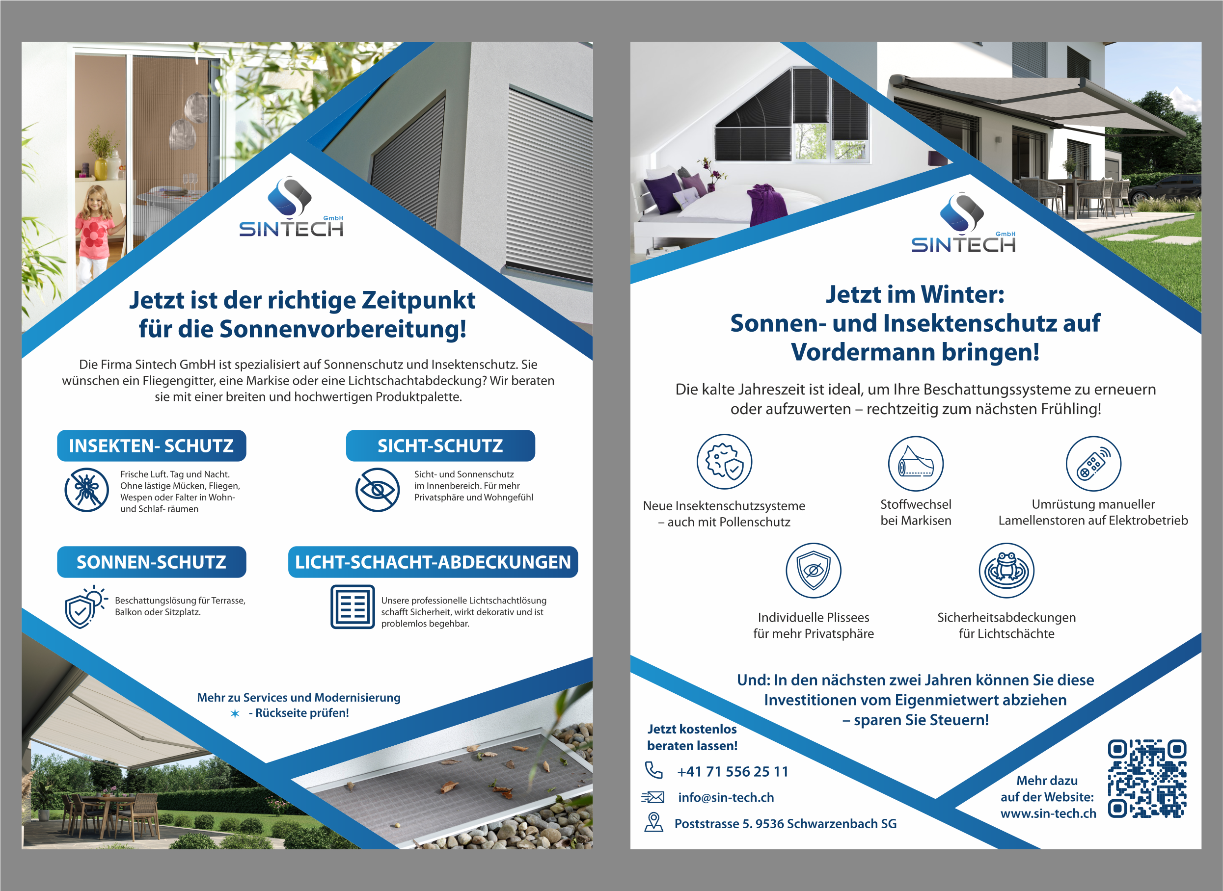 Flyer für Verkauf und Installation von Sonnen- und Insektenschutzprodukten von EuroStart Design, Design 17