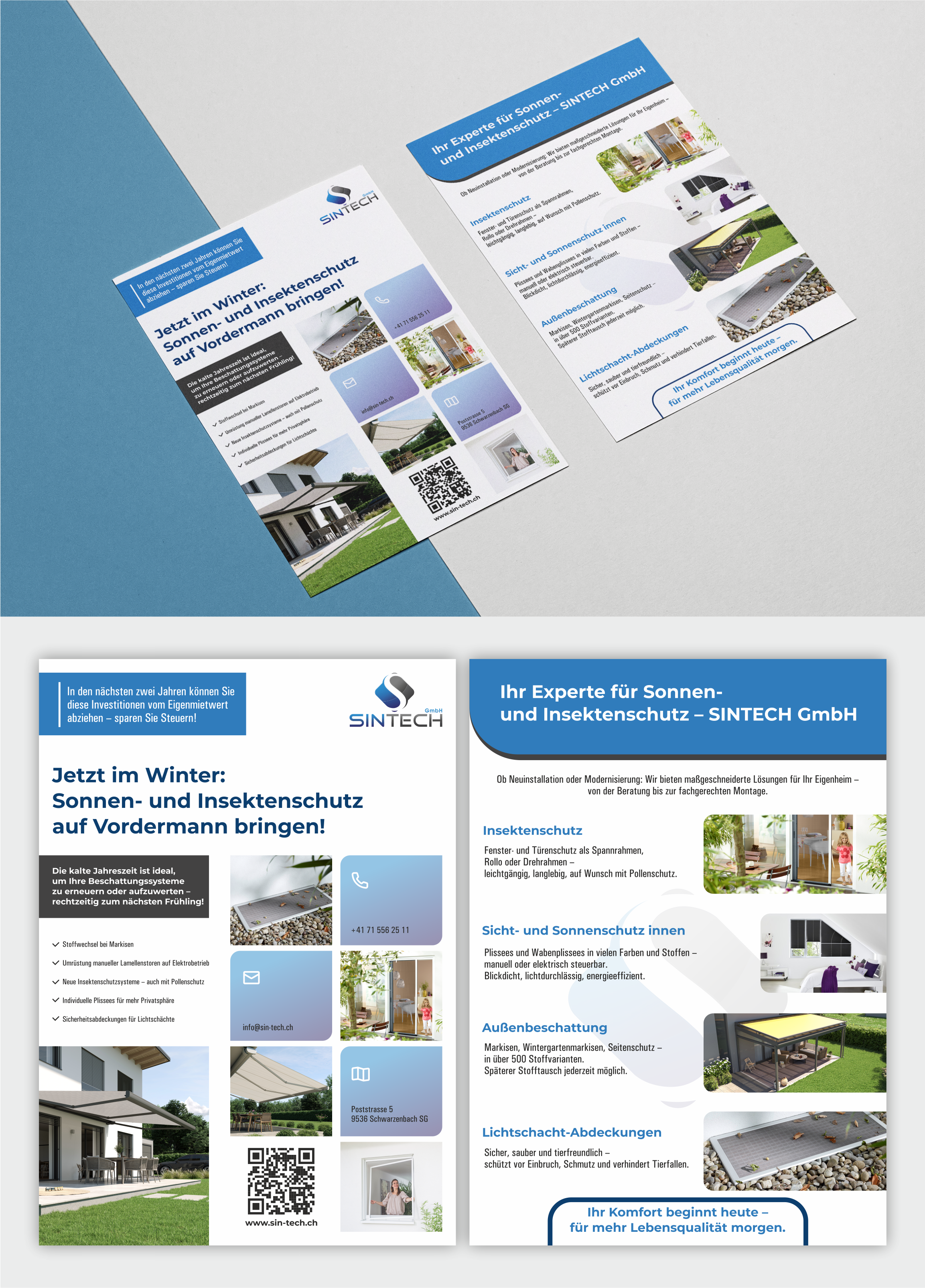 Flyer für Verkauf und Installation von Sonnen- und Insektenschutzprodukten von EuroStart Design, Design 8
