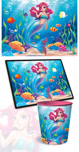 Entwicklung eines MEERJUNGFRAU Motivs als Illustration für Verwendung auf Schreibwaren - Schultüte, Zeugnismappe, Papierkorb, Schreibunterlage und Sammelmappen